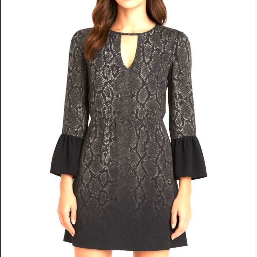 Parker whimsigoth orlando laser cut black gray snake silk bell sleeve mini dress